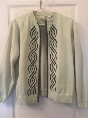 Vintage Classic Elements Green Open-Front Cardigan with Navy Polka Dot Trim